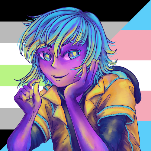 My profile picture. My character is in front of a halved background, one half being the agender flag, and the other being the transgender flag 