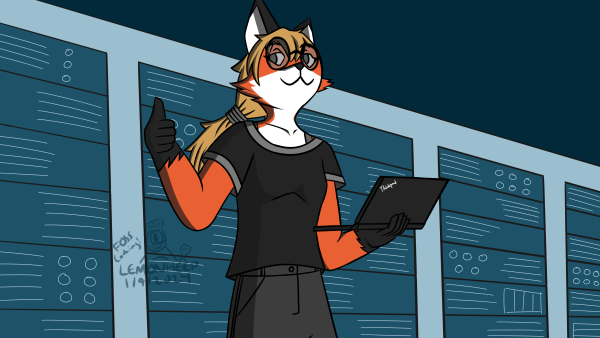 This is a drawing of Xenia, a red fox girl. She has blond hair, which she has tied in a ponytail, and a plain black t-shirt and pants. She is also holding a Thinkpad, a black computer often found in workplaces, in one hand and doing a thumbs-up sign in the other. She is in a server room, which glows a bluish hue.