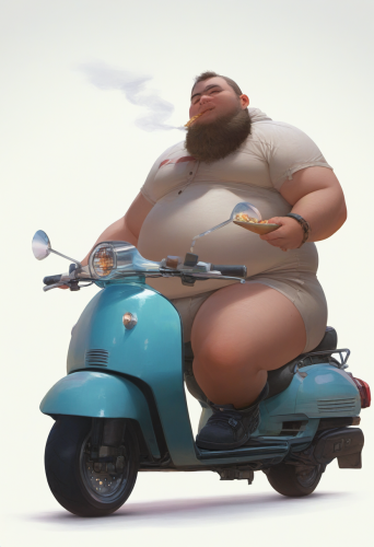 Fat man riding scooter smoking a burrito, {{photorealistic, realistic}}, obese,  s-3618568851.png