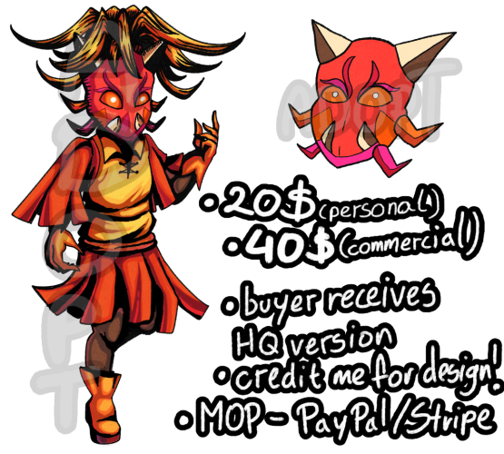 Adopt offer for a character wearing a freaky ponytail, a scarecrow-like outfit and an oni-like mask.

20 USD - personal use
40 USD - commercial use
Buyer receives HQ version
Method of payment: Paypal/Stripe