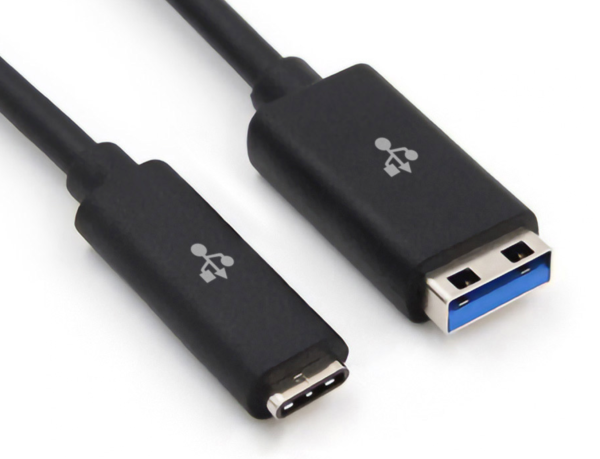 A photo of a USB and USB-C connector, with extra short connectors to fit ports in thinner devices. The insert part is all of three millimetres long, perhaps a little more.