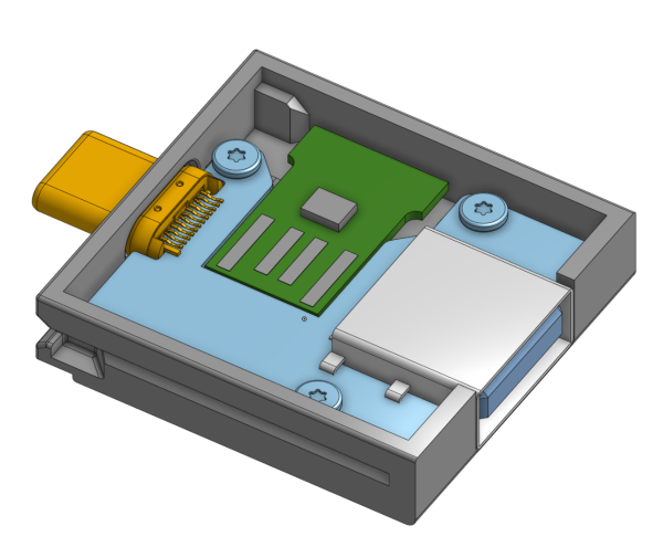 A CAD model of a Framework Expansion Card.
Showing a "normal" USB A card, but with a custom PCB and a Logitech Unifying dongle without its housing placed inside