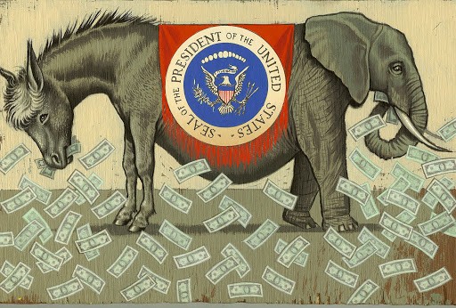 Donkelephant. The creature has no butt, only two heads on either side. Their bodies are joined by the seal of POTUS. They stand amidst piles of cash and are eating the greenbacks