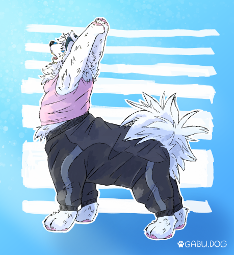 My samoyed taur sona Gabu yawning and stretching with his hands folded and his arms above his head. He's wearing a pink tank top and a black doggy jumpsuit on his lower body as makeshift trackpants. His fur and tail is messy and has bedhead.