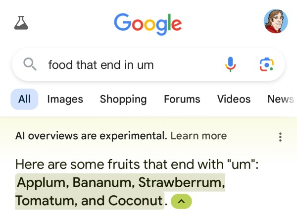 Google listing foods that in um, Applum, Bananum, Strawberrum, Tomatum and Coconut.