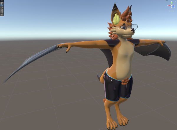 Screenshot of Unity of a latex bat colored like Kay the Coyote, with flappy rubber wings and shiny rubber shorts
