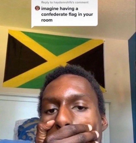 tiktok post of a guy with a jamaican flag covering his mouth because of a reply that says imagine having a confederate flag in your room