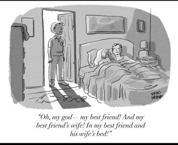 A comic from a newspaper. It has a man walking in on a man and a woman in bed together

Oh my god! My best friend! And my best friend's wife! In my best friend and his wife's bed! 