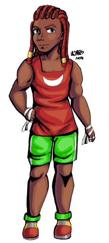 An illustration of a Black muscular man with long red dreadlocks, a red tanktop with same crescent as on Knuckles' chest, green shorts and green-yellow-red shoes. He has bandaids wrapped on his hands and he has a lip ring.