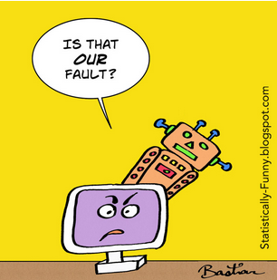 Cartoon of a robot humping a PC monitor and saying &quot;Is that our fault?&quot;