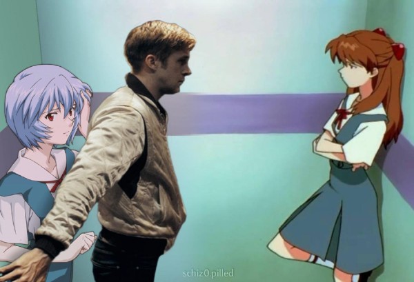 Asuka and Rei in elevator, Ryan Gosling from Drive is guarding Rei from Asuka 