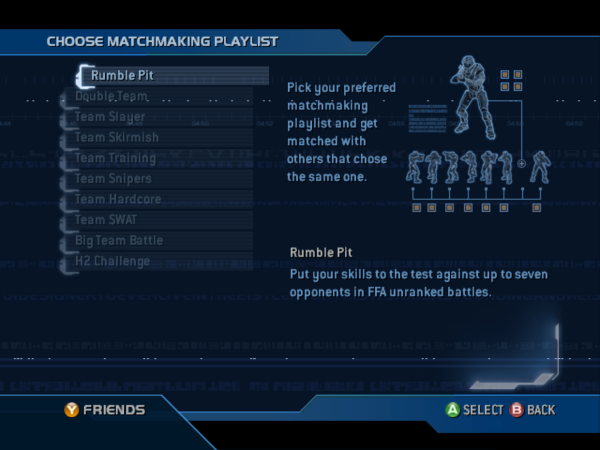 Halo 2's OptiMatch "Choose Matchmaking Playlist" screen with the following options:
- Rumble Pit
- Double Team
- Team Slayer
- Team Skirmish
- Team Training
- Team Snipers
- Team Hardcore
- Team SWAT
- Big Team Battle
- H2 Challenge
