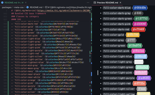 Screenshot of VSCode split-screen editor of a Markdown file containing a long list of colors. The left pane shows the MD source code, the right pane the rendered preview, incl. color swatches (as background colors)
