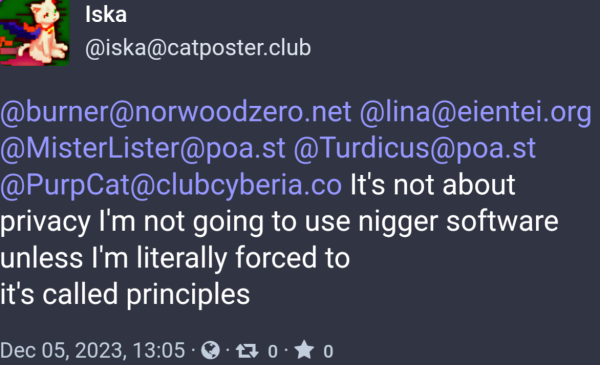 Iska, admin of catposter.club, says "I'm not going to use nigger software"