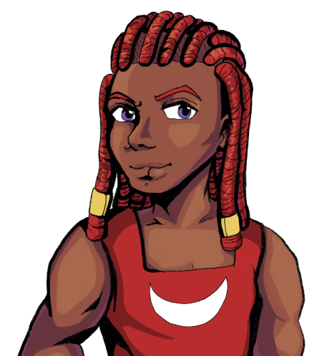 unfinished illustration of a black guy with long red dreadlocks, a lip ring and a red tanktop with crescent on it akin to knuckles' chest mark. the character is muscular.