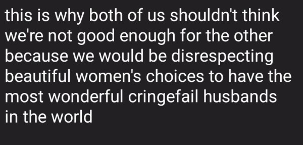 this is why both of us shouldn't think we're not good enough for the other because we would be disrespecting beautiful women's choices to have the most wonderful cringefail husbands in the world