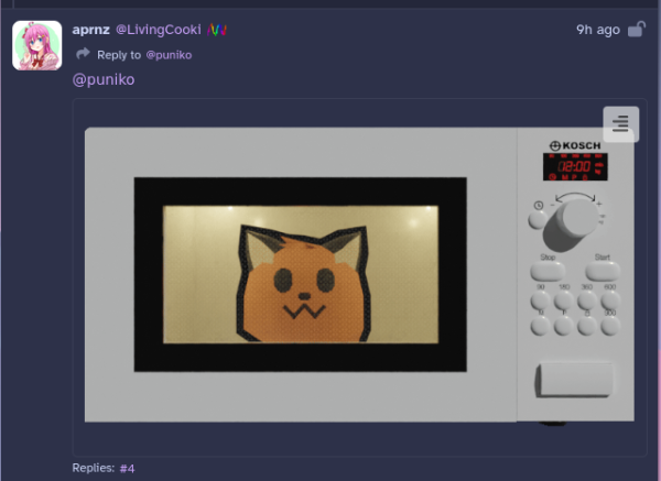 Post by @LivingCooki@0w0.is containing a video of a spinning neofox fox emoji in a microwave
