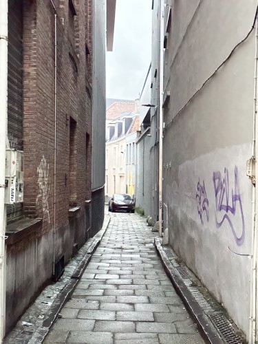 A tiny brick alley with a wide car blocking it