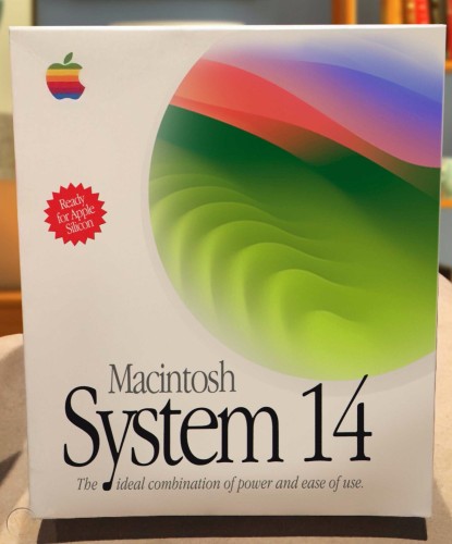 a photo of Macintosh System 14 boxed software, proudly advertising that it's Ready for Apple Silicon.