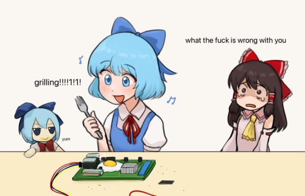 Cirno: grilling!!!! *fry eff egg on top of the CPU of a PC motherboard*
Reimu: what the fuck is wrong with you