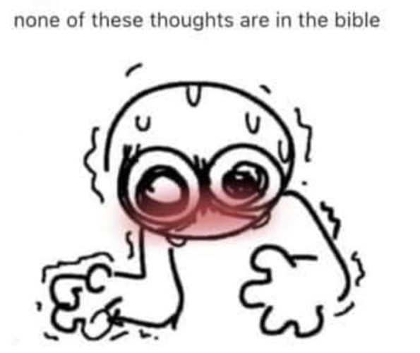 shaky blushed character struggling with their thoughts 
"none of these thoughts are in the bible"