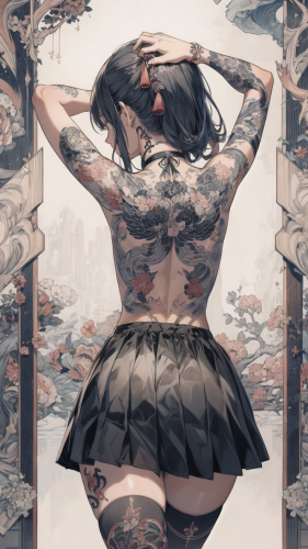 woman wearing a black skirt and thighs highs, she has lots and lots of tattoos all over her body, especially her back and arms, she also has one on her thigh, they seems to be flower based