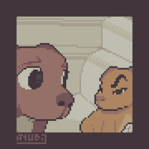 A Pixel Art Redraw of an adult dog and a puppy. The adult dog is staring with a corcerned expression at the puppy, which has an edited raised eyebrow placed on their face (which is actually drawn in the pixel version).