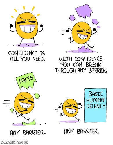 Cartoon in 4 parts.

1. "Confidence is all you need." Pac-Man looking dude with stick arms & legs flexes and grins confidently.

2. "With confidence, you can break through any barrier." Packie breaks through a purple barrier. 

3. "Any barrier." Packie busts down a green barrier labeled "facts". 

4. "ANY barrier." Packie is headed confidently to demolish a blue barrier labeled "basic human decency".



Credit: OwlTurd.com
