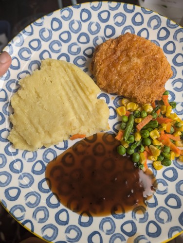 A plate of food. There's breaded chicken, creamy mashed potatoes, steamed vegetables, and some gravy. 