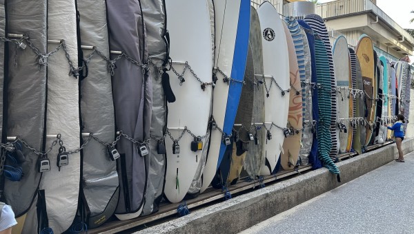 Rack with dozens of surfboards locked up. A person is unlocking one. 