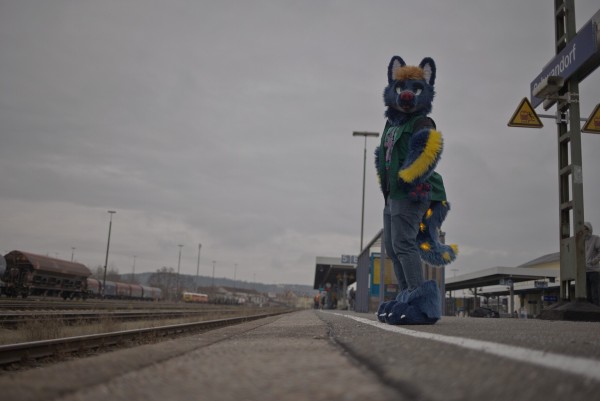 A picture of me in partial suit, taken from ground height. I'm standing on platform 4 of the Schwandorf station, parallel to the tracks, looking towards the camera.

The weather is miserable, overcast and grey.