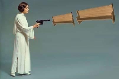 Princess Leia fires her laser gun. Two church pews emerge. Pew pew