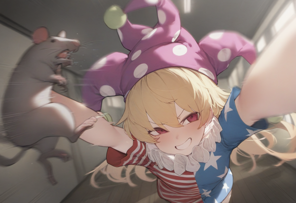 Clownpiece throwing a {{{large fat rat}}}, perspective, motion lines, motion blu s-770870280.png