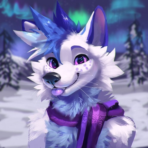 Portrait of an arctic fox with purple eyes and blue and purple color accents in his fur. He's wearing a purple striped scarf and is slightly sticking out his tongue. There are trees covered in snow in the background and you can see northern lights in the sky.