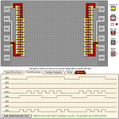 Screenshot of a solution for KO233 - DUAL FIXED FREQUENCY OSCILLATOR from KOHCTPYKTOP (those are latin letters not cyrillic).  The solution is abusing delays from a chain of game's equivalent of NPN transistors to get the correct oscillation frequency instead of some crystal oscillator as one might expect.