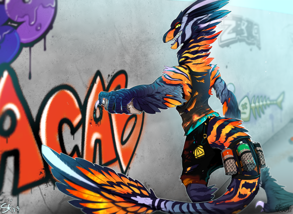 A brightly colored raptor holding a can of spray paint in front of some graffiti reading "ACAB" with additional cans in a tail holster. 