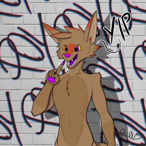 light brown anthro coyote with rust red markings and purple skin. Yellow sclera and purple iris. Standing in front of a white brick wall with chromatic aberration "POY" written on it repeatedly 