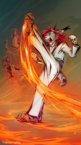 Drawing of a raging taekwondo lynx making a multikick of fire, there is fire everywhere!