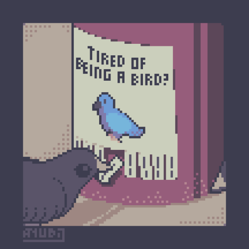 A Pixel Art Redraw of a pole, having a paper with some tickets attached to it. the paper has some text saying "Tired of being a bird?" along with having a bird image. A real life bird is picking one of the tickets, with the beak of another one being barely visible on the opposite side.