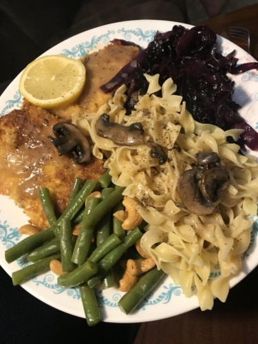 It’s Wednesday and we are almost there! Pork schnitzel, mushroom gravy, egg noodles, green beans with cashews and sweet and sour red cabbage.