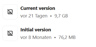 Nextcloud file info showing "initial version" 8 months ago, 76.2 MB and "current version" 21 days ago, 9.7 GB